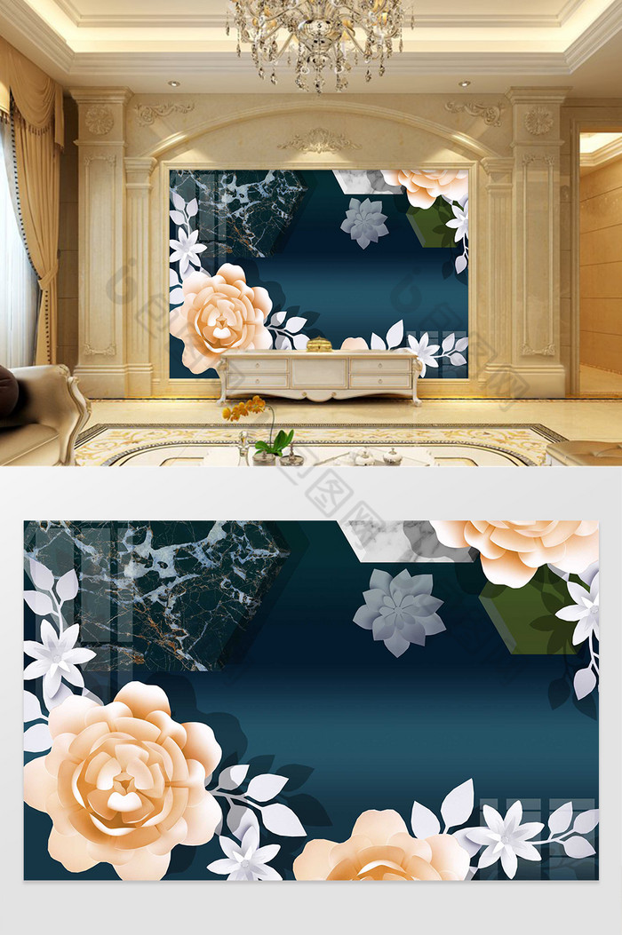 新中式彩色浮雕花卉电视背景墙图片图片