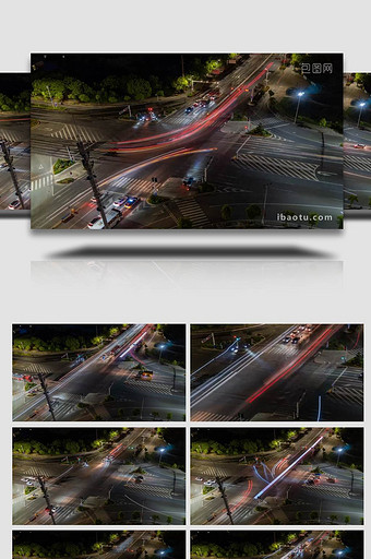 夜间道路十字路口交通车流延时实拍素材图片