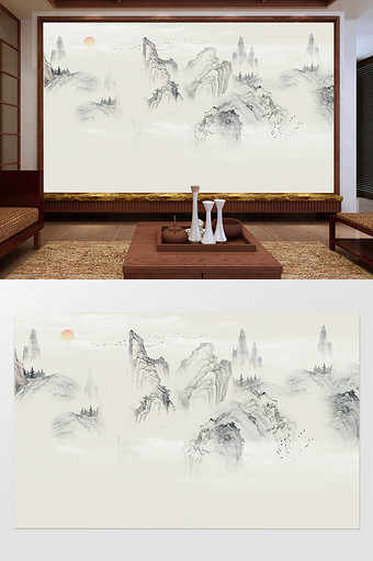 新中式国画壁纸背景墙手绘水墨山水茶室图片