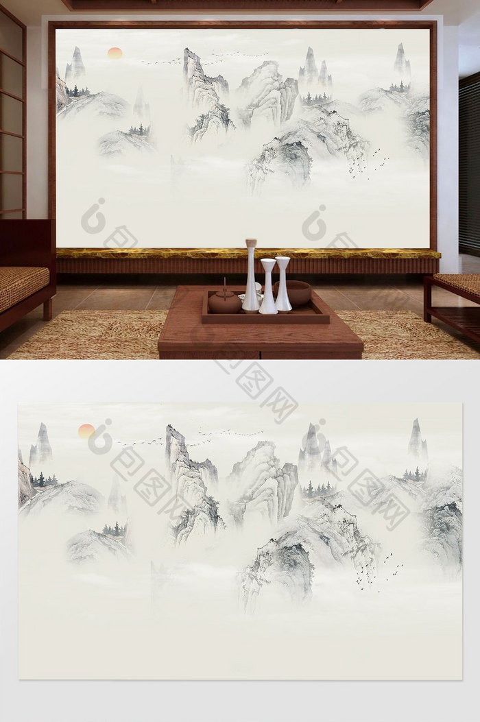 新中式国画壁纸背景墙手绘水墨山水茶室