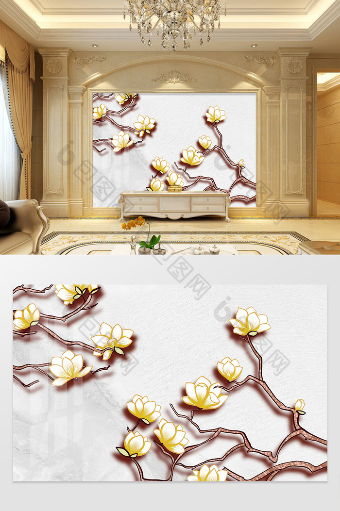 立体浮雕玉兰花开中式背景墙