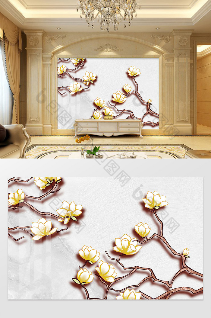 立体浮雕玉兰花开中式背景墙图片图片