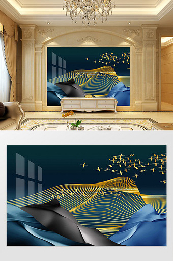 新中式抽象山水轻奢鎏金浮雕质感背景墙图片