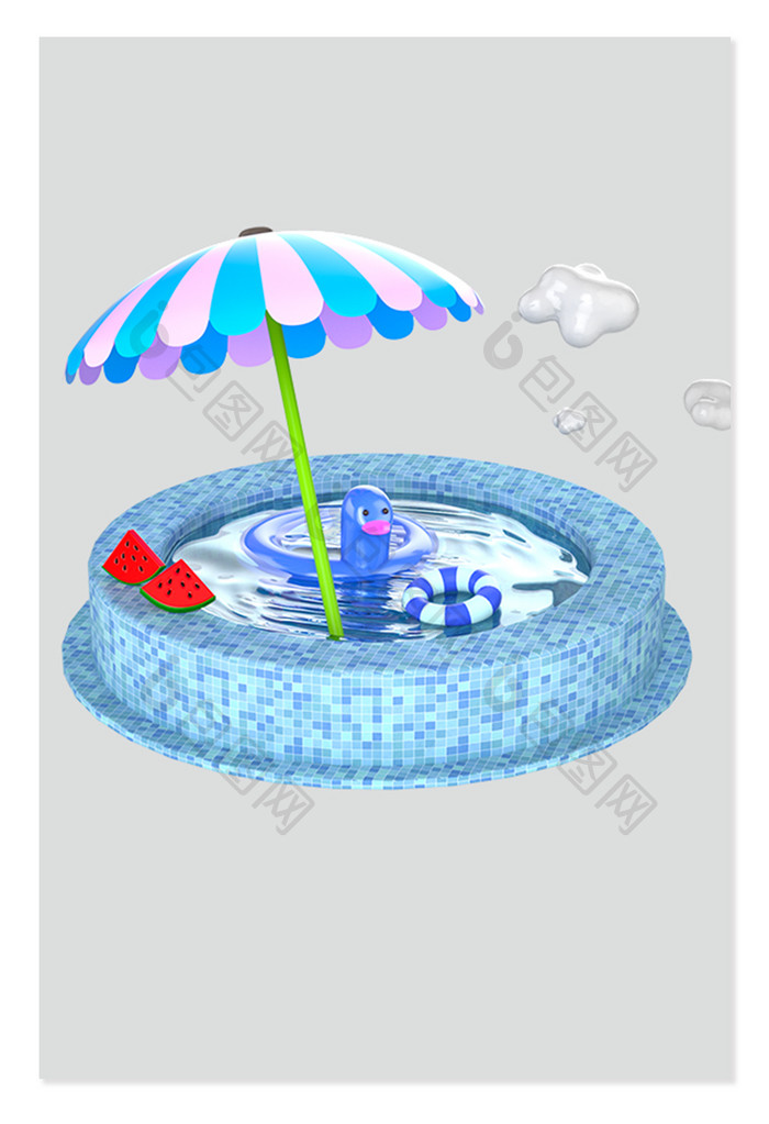 3D夏日游泳池游泳圈元素建模渲染