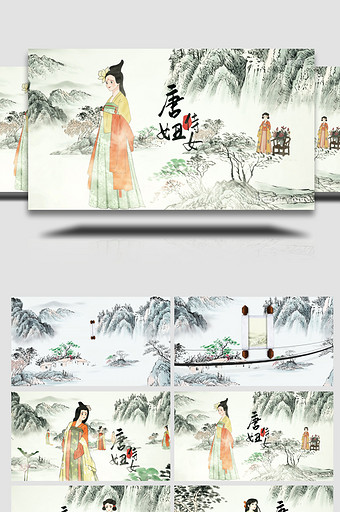 中国水墨国画传统唐代侍女人物展示AE模板图片