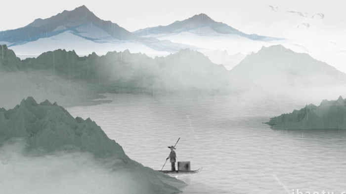 中国风山水渔夫划船背景视频