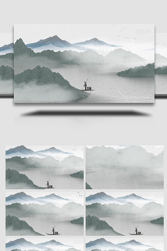 中国风山水渔夫划船背景视频图片