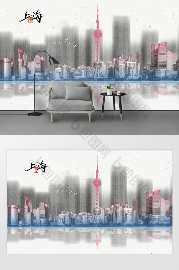 简约上海城市地标背景墙图片图片