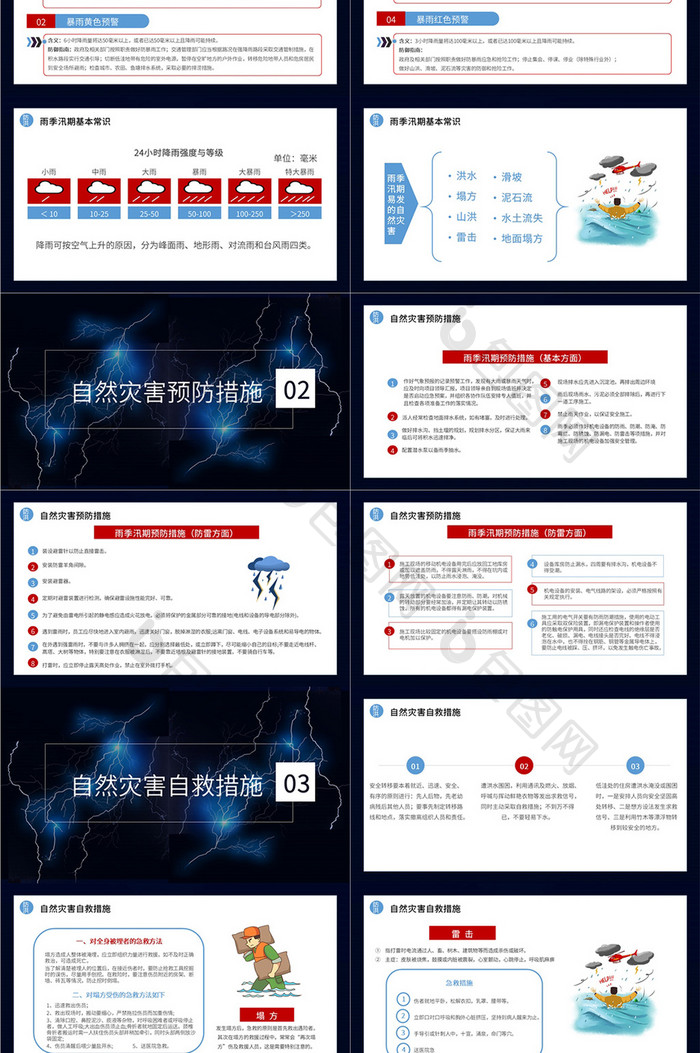 深蓝色色卡通防洪主题PPT模板