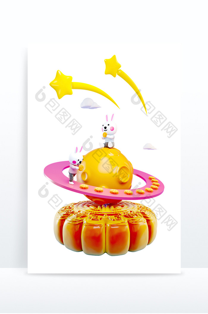 C4D创意卡通中秋玉兔吃月饼场景模型