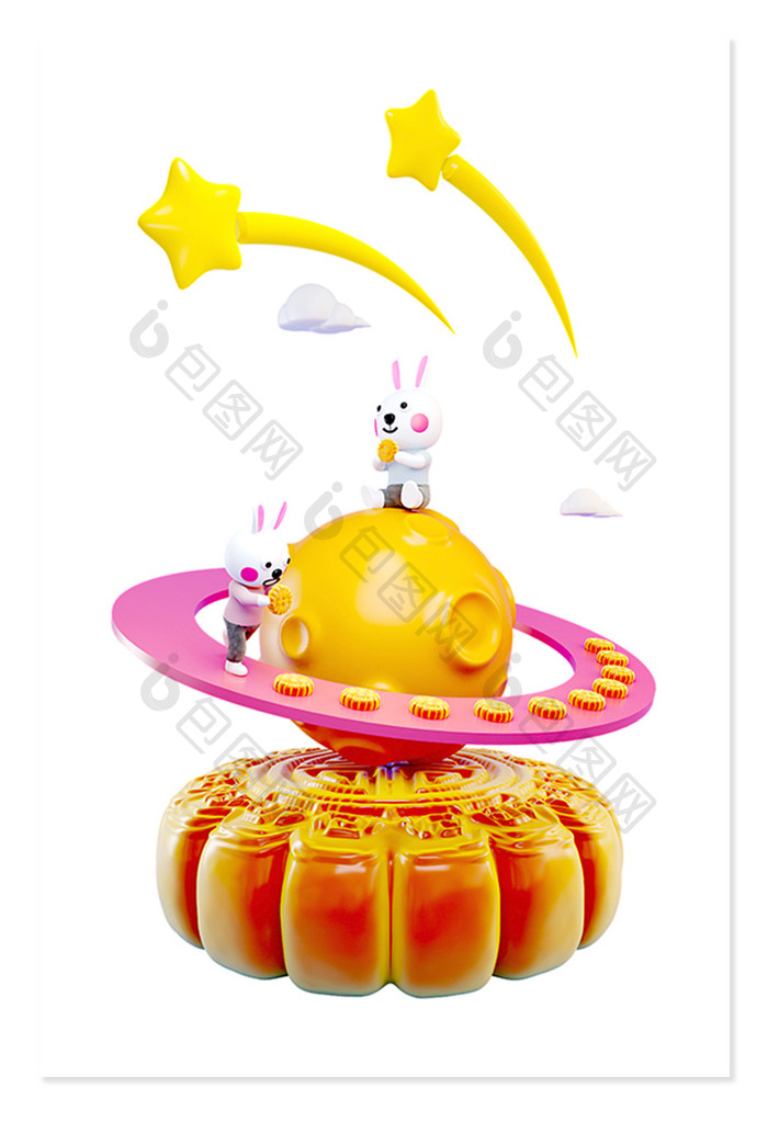 C4D创意卡通中秋玉兔吃月饼场景模型