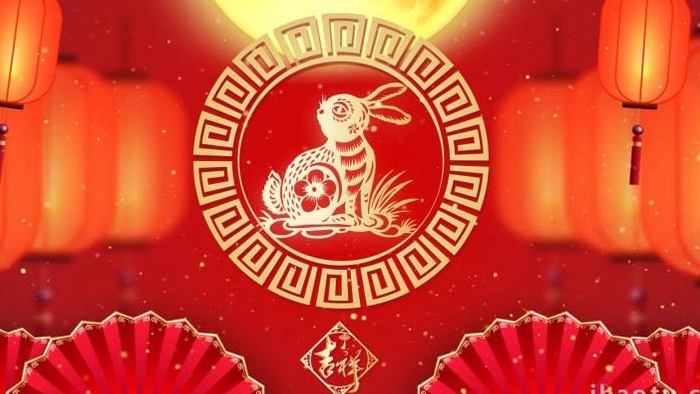 红色喜庆中国风兔年窗花背景视频AE模板
