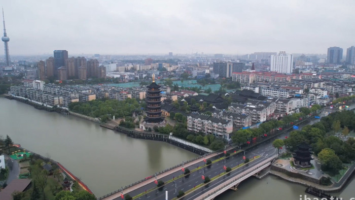 城市地标泰州凤城河风景区望海楼文峰塔4K