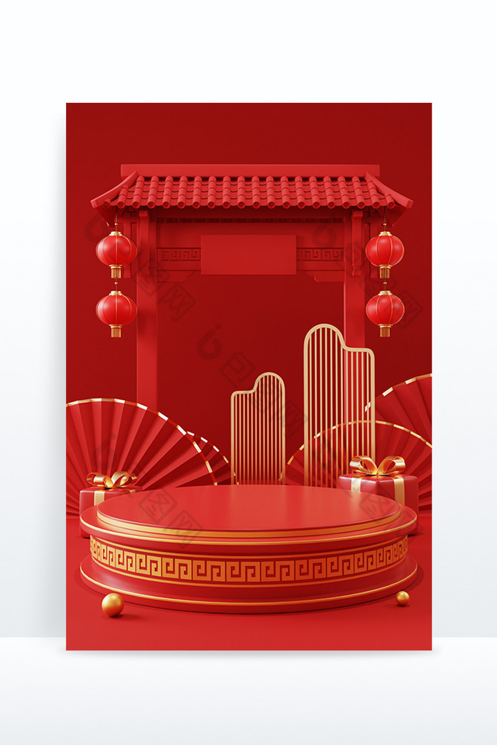 3D中国风电商展台红色喜庆背景图片图片