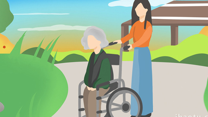 易用卡通mg动画女人推着坐轮椅的老奶奶