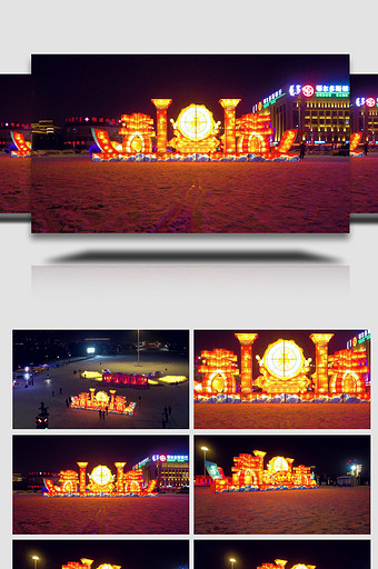 飘雪夜春节华灯景观造型4k实拍图片