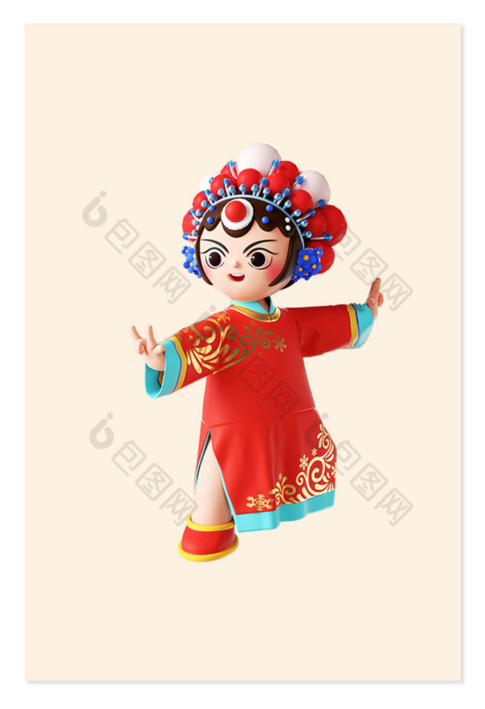 国潮风红色3d立体京剧人物形象