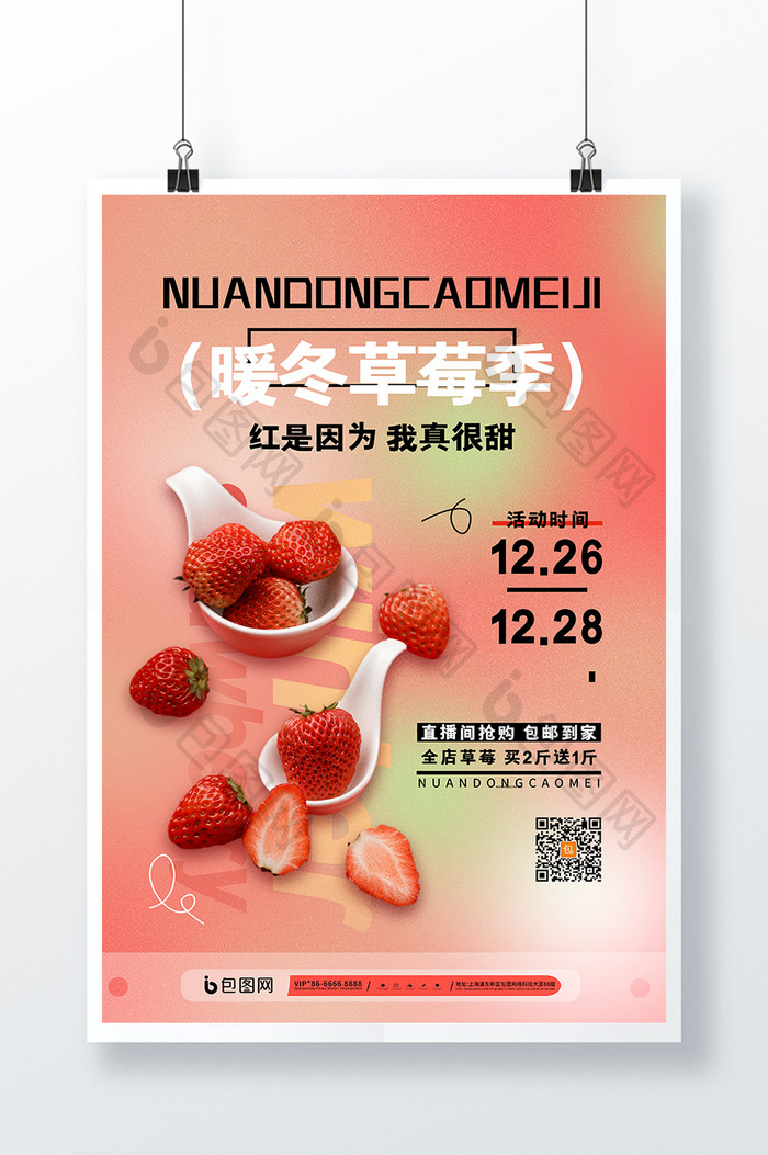 暖冬草莓季水果草莓宣传海报