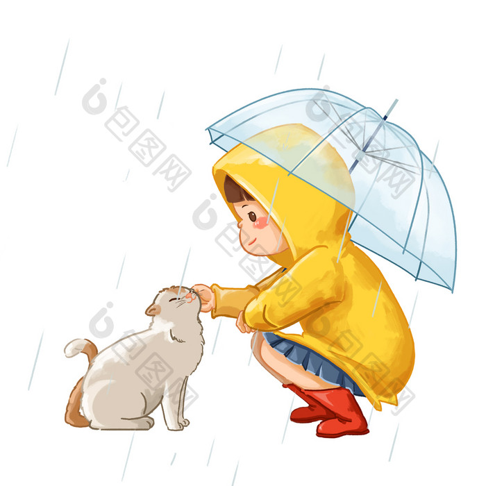 下雨天小女孩摸小猫咪动图GIF