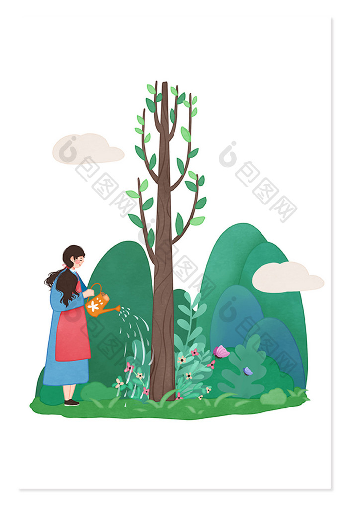 绿色卡通浇水女孩植树节元素