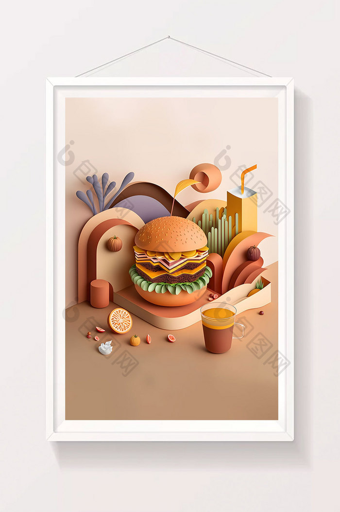 桔色食物美味汉堡快餐店数字艺术