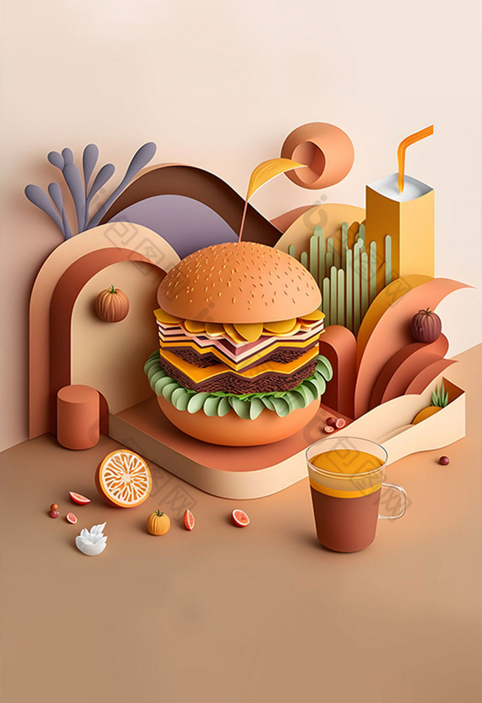 桔色食物美味汉堡快餐店数字艺术