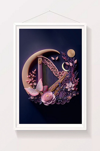 紫色夜晚梦幻竖琴与鲜花剪纸数字图片