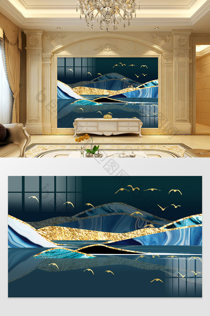 新中式山水鎏金轻奢背景墙图片图片