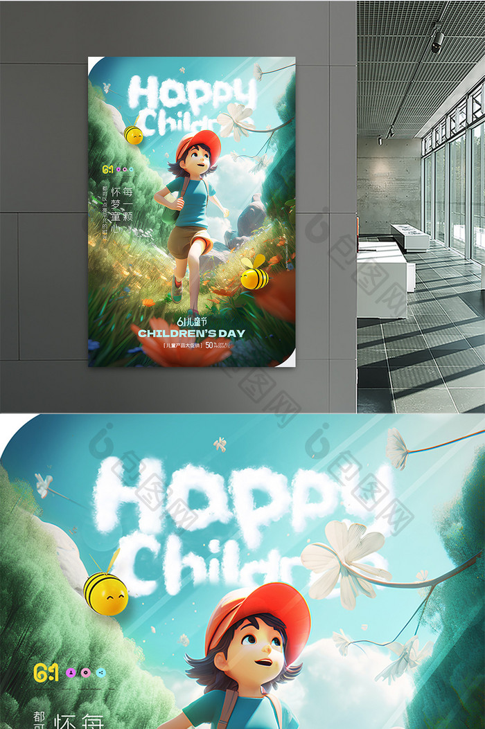 童年奔跑梦想六一节促销数字艺术海报