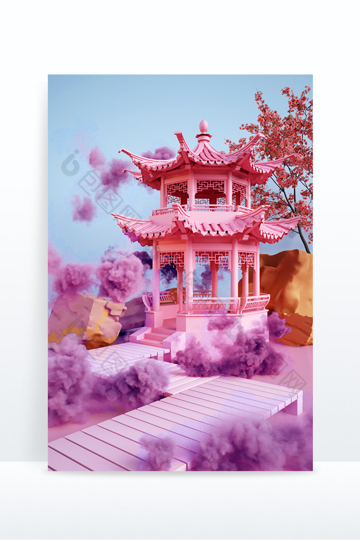 C4D粉色古风中式凉亭建筑场景图片图片