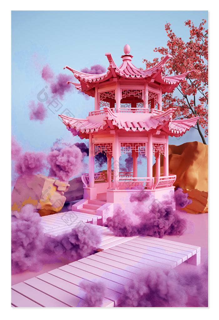 【c4d粉色古风中式凉亭建筑场景】图片下载-包图网