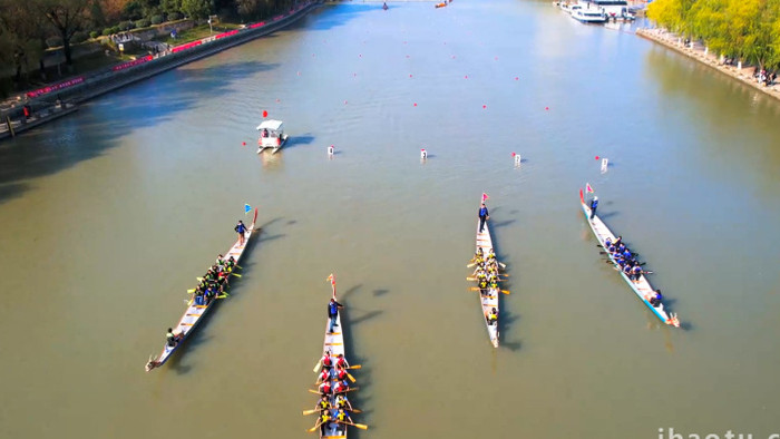 端午节庆祝活动划龙舟比赛4K航拍