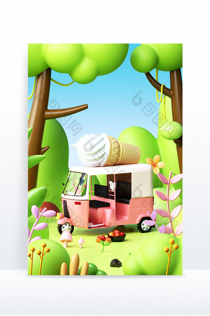 C4D夏日冰淇淋餐车创意场景图片图片