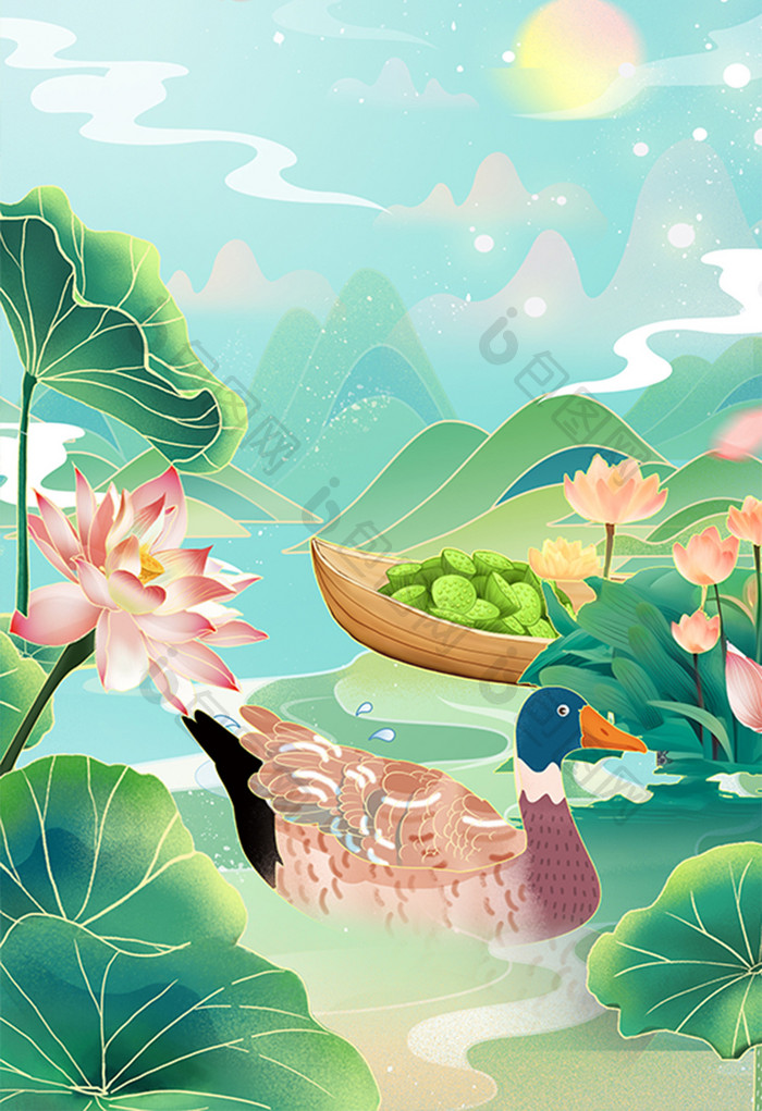 国潮夏天处暑唯美风景海报插画