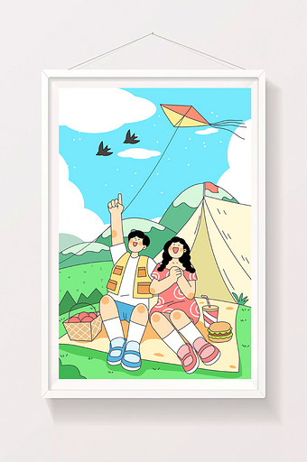 黑描扁平风处暑野餐插画图片