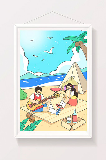 沙滩旅行黑描扁平风插画图片