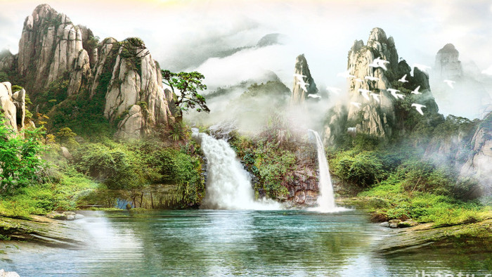 创意中国风山水瀑布背景视频