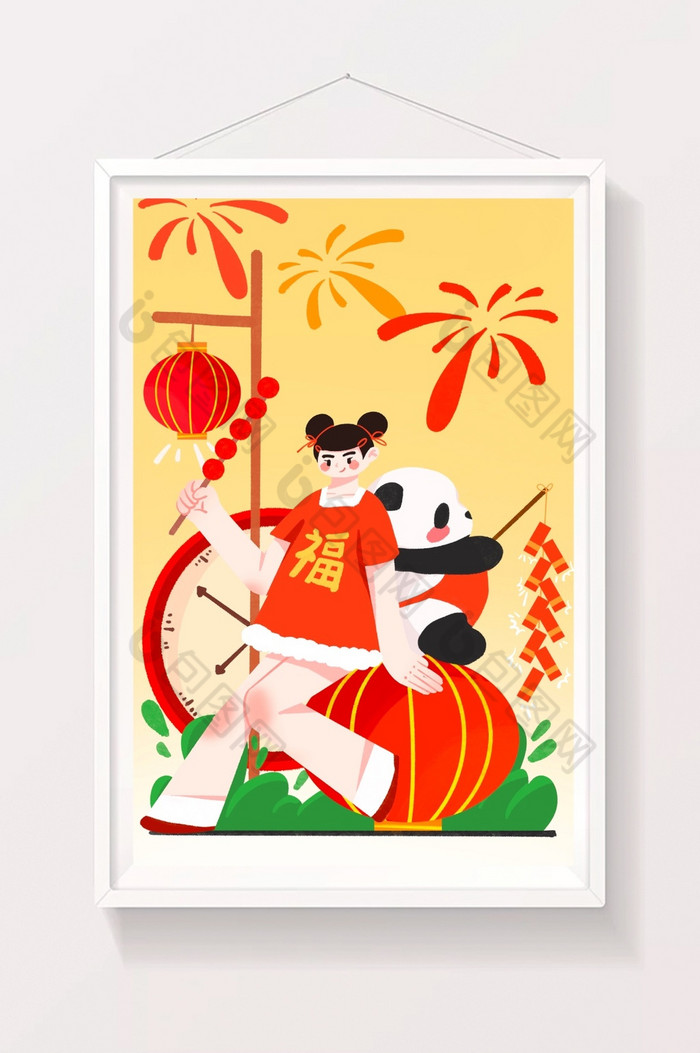 新年元旦熊猫鞭炮灯插画图片图片