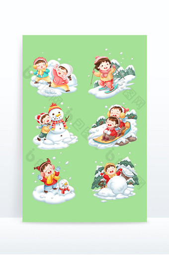 冬季卡通儿童打雪仗堆雪人滑雪图片