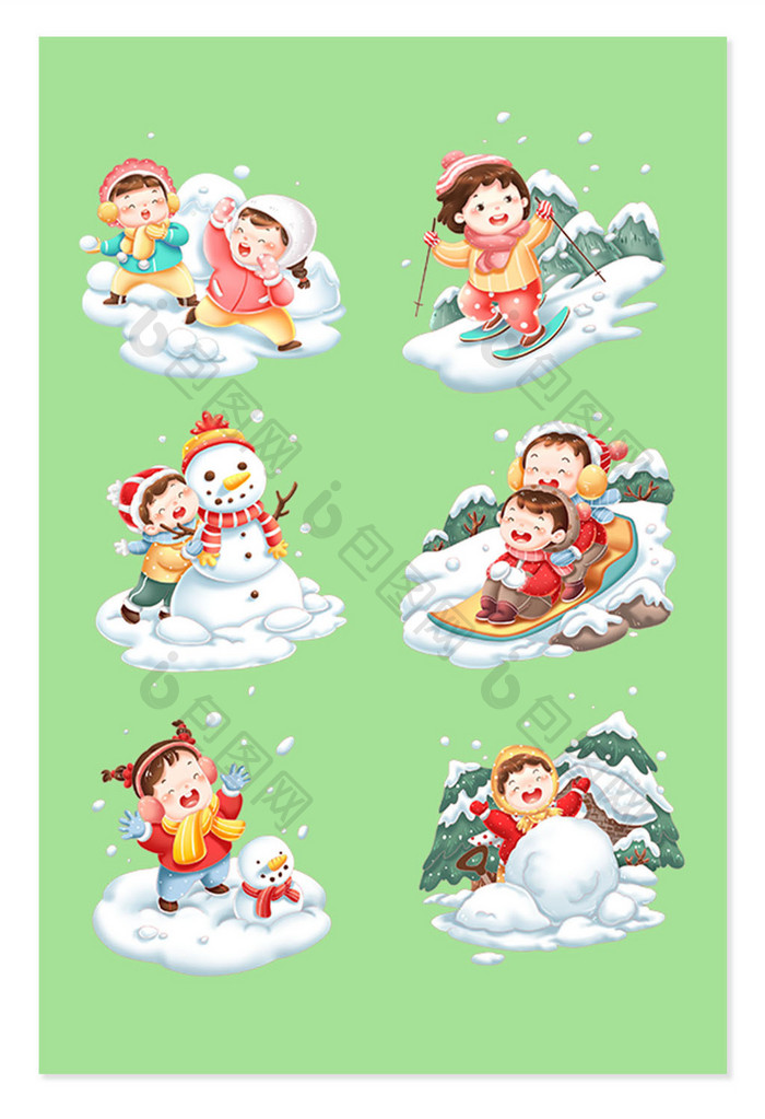 冬季卡通儿童打雪仗堆雪人滑雪