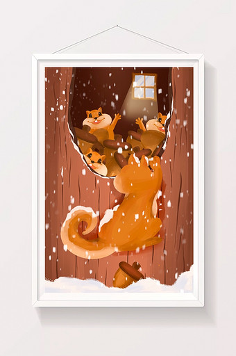 冬季大雪小雪松鼠卡通绘本风插画图片