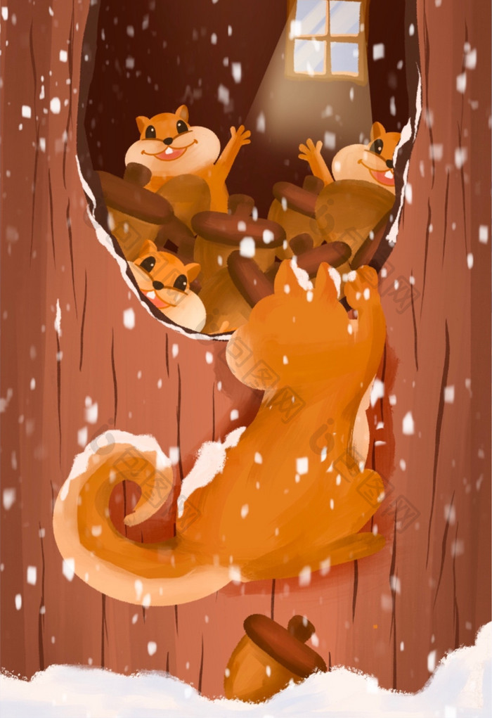 冬季大雪小雪松鼠卡通绘本风插画