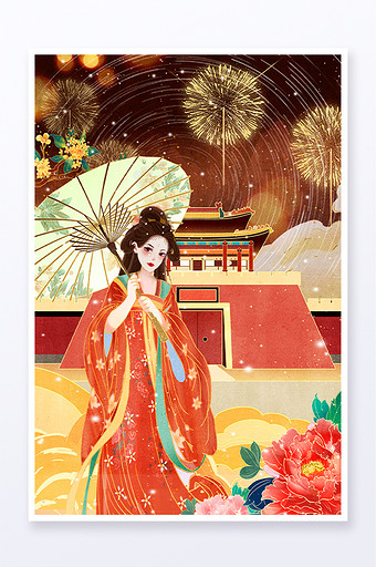 国潮冬季国风美女山水建筑插画图片