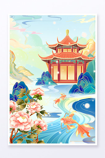 中国风国潮春季季节风景建筑插画图片