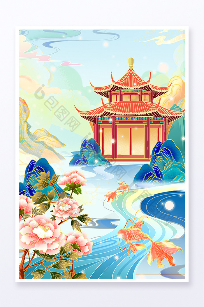 中国风国潮春季季节风景建筑插画