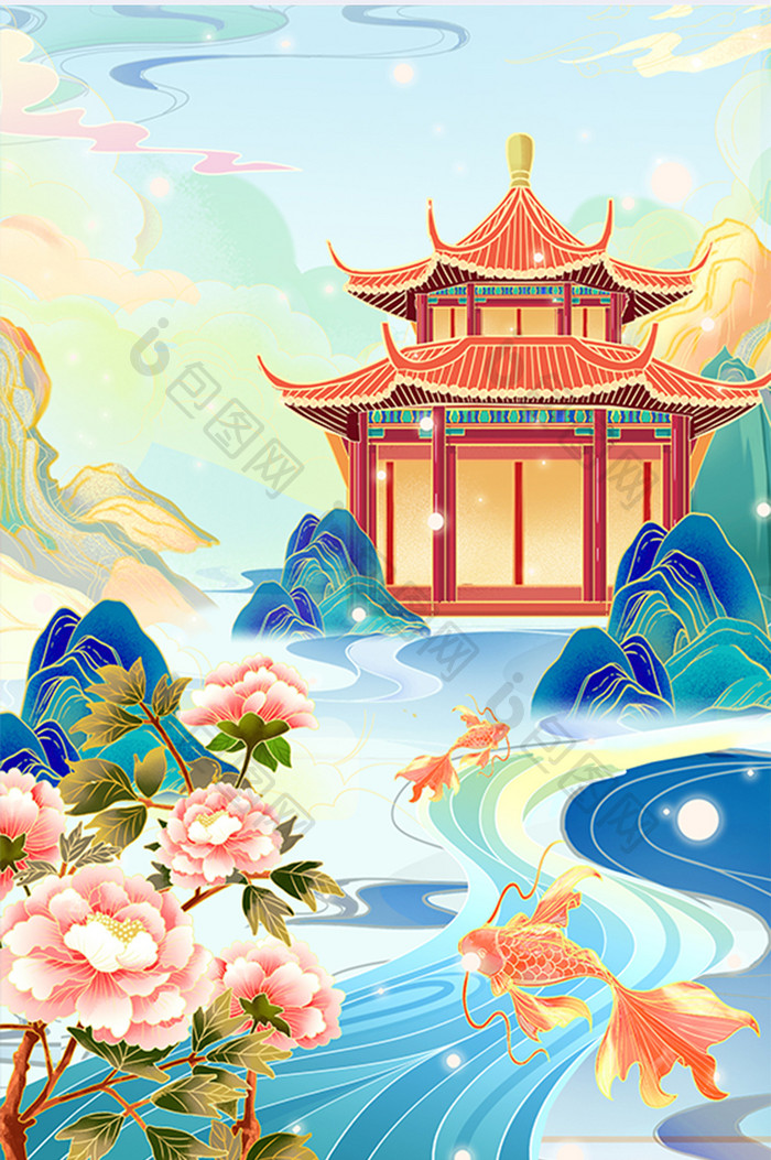 中国风国潮春季季节风景建筑插画