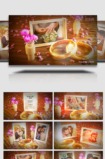 3D黄金戒指相框花瓣婚礼照片相册AE模板图片