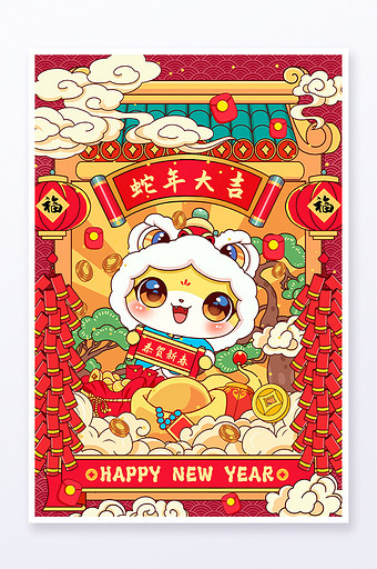 春节蛇年大吉过年卡通蛇年IP插画图片