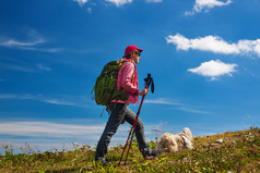 登山人物和小狗摄影图