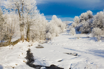 冬季雪地上的河流